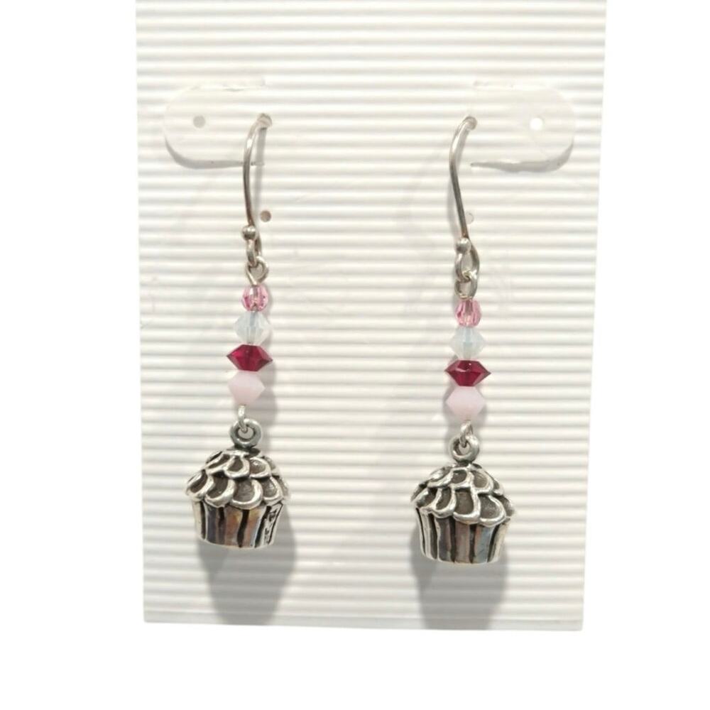 925 Sterling Silver Dangle Drop Earrings Cupcake Pink White Beads Signed Lot